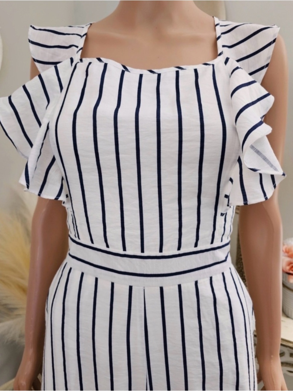 Striped White & Navy Wide-Leg Jumpsuit - Picture 3 of 5